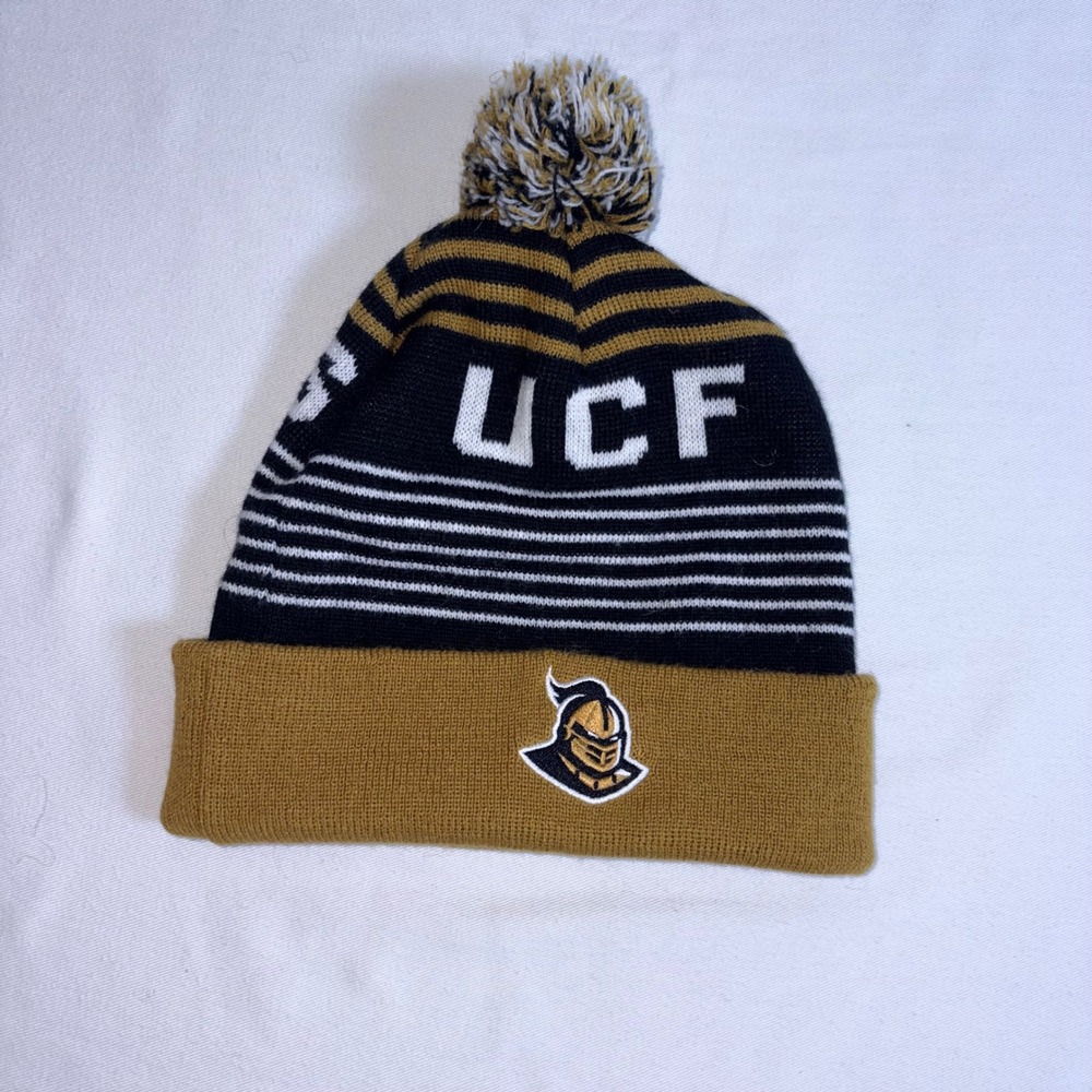 Captivating UCF Beanie adult Gold Black collegiate Pom Cuffed Knights Knit Hat